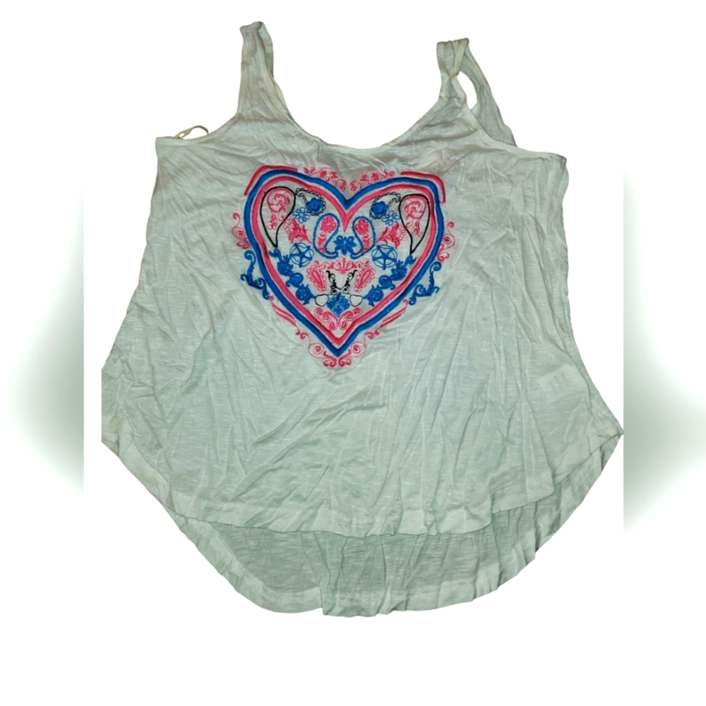 NWOT White Embroidered Blue & Pink Heart Tank Top